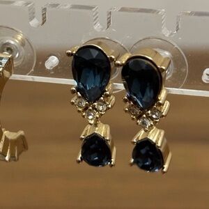 Vintage Christian Dior Blue Teardrop Rhinestone Dangle 14k Gold Post Earrings